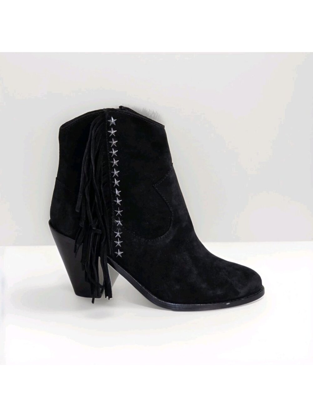 ASH Indy Western Ankle Boots EU 37 US 6.5 Black Suede Fringe Star Studds Cowgirl